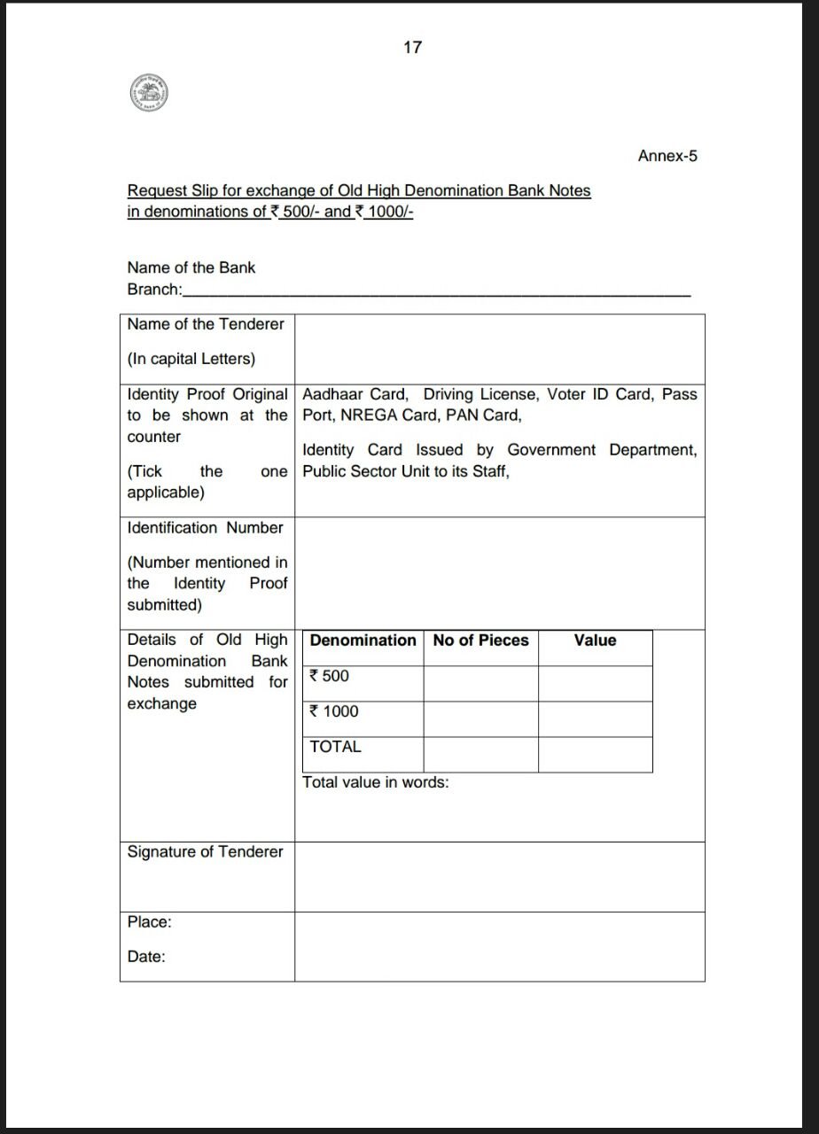 deposit exchange form old rs 500 1000 notes